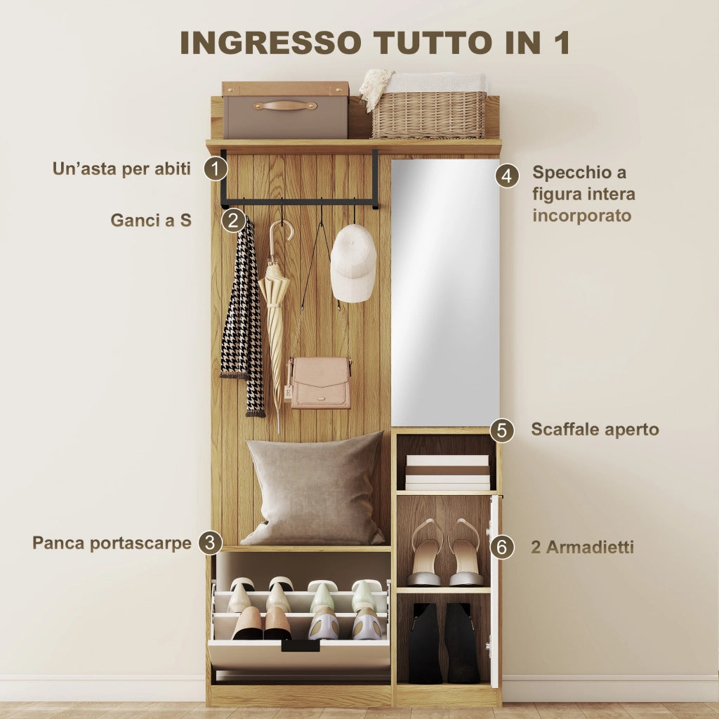 Appendiabiti con panca, scarpiera e armadietto ¨C Minimal ¨C rovere e bianco, 80x30x100 cm
