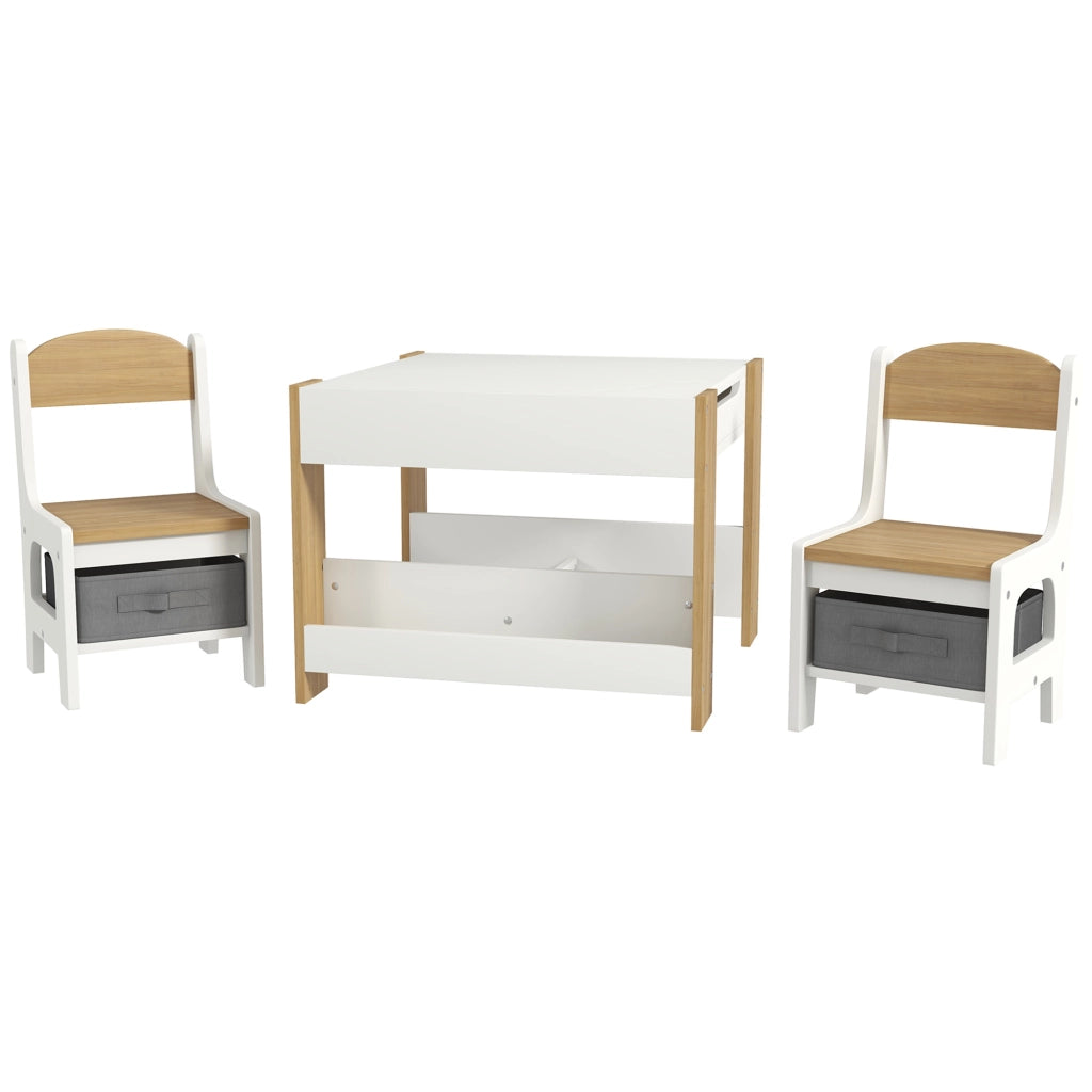 Tavolo per Bambini con Sgabelli e Pannello ¨C Minimal ¨C Bianco e Naturale 90x50x55