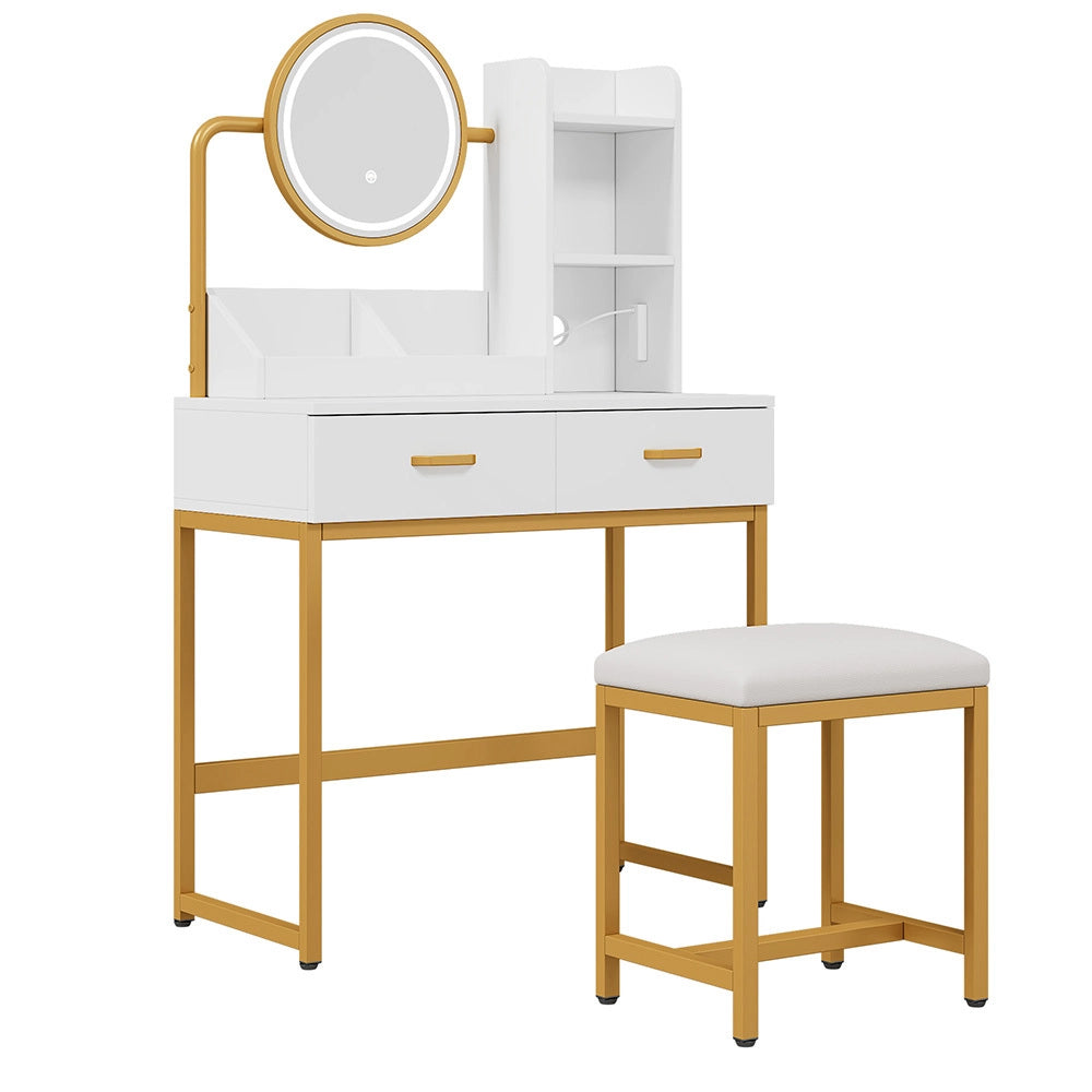 Toilette moderna con illuminazione LED - Xylo - 80x138.5x40 cm - Bianco - Specchio girevole, prese elettriche, 2 cassetti + 2 scaffali aperti