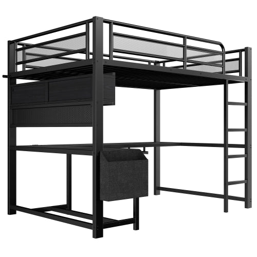 Letto a soppalco con scrivania 140x200 cm LEMONMAX, LED 7 colori, 2 prese e 2 USB, mensole, struttura in metallo, nero
