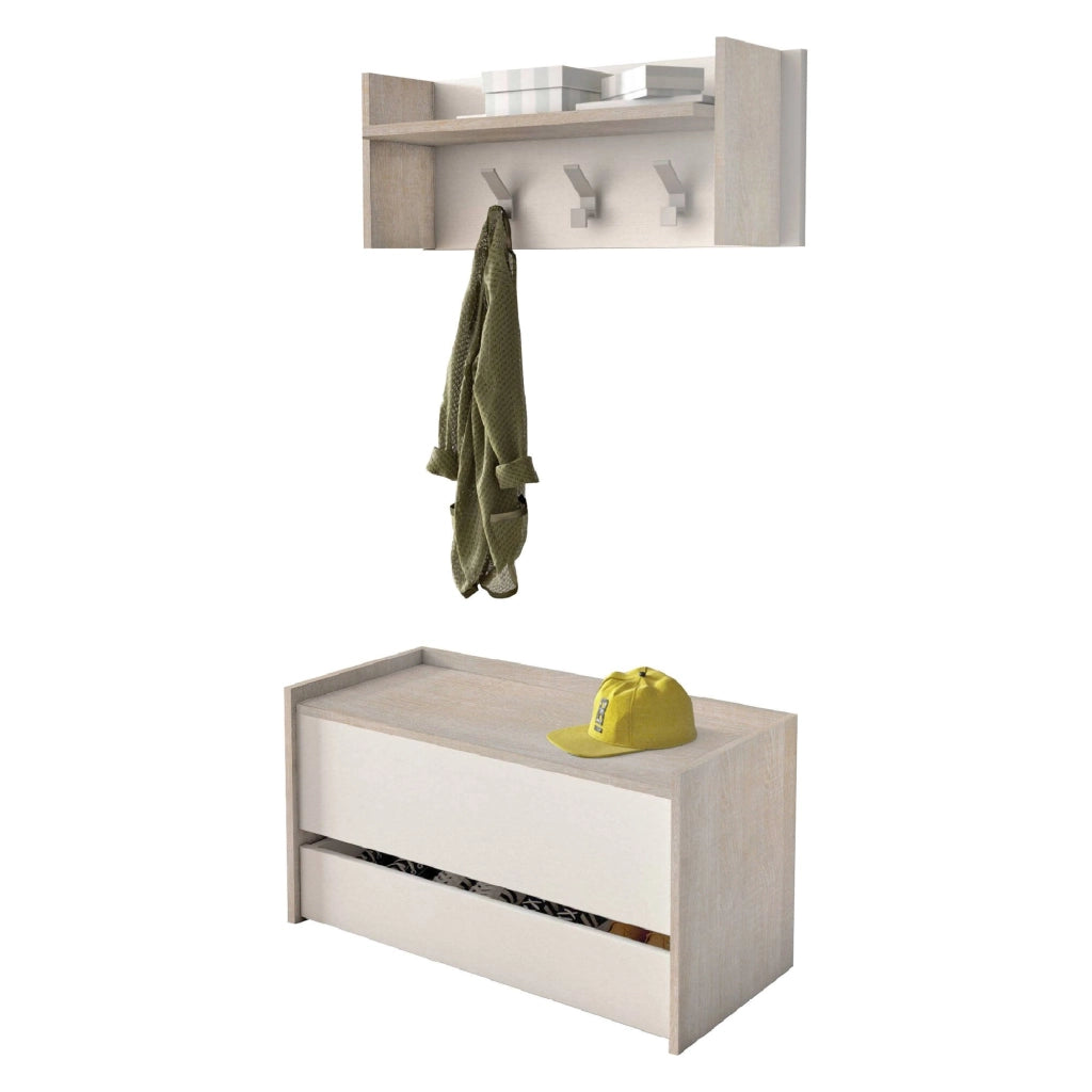 Mobile da ingresso Actinolite, Entratina moderna con appendiabiti, Mobile con scarpiera, Armadietto multifunzione, Cm 50x32h182, Rovere e Bianco