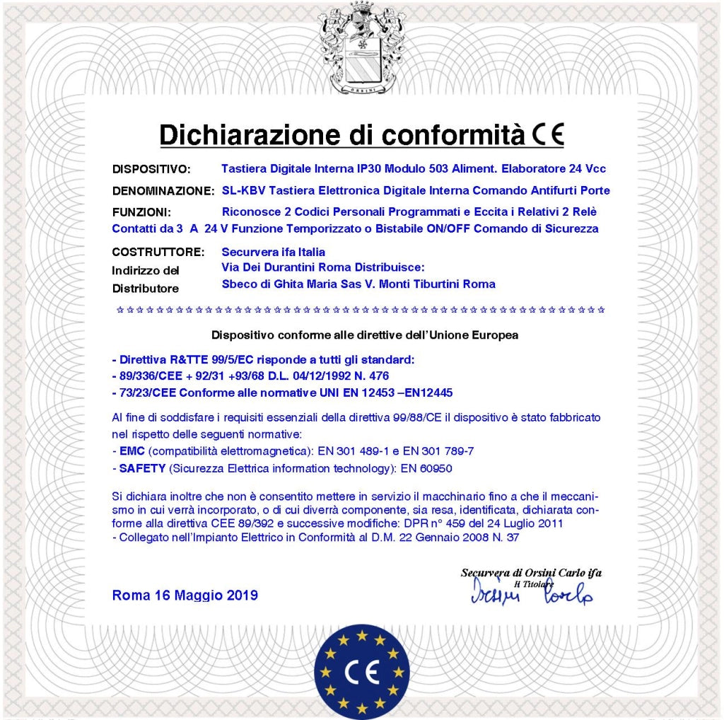 Tastiera da Incasso Elettronica Digitale Per Modulo 503 Kit Elaboratore Remoto Gestisce 2 Attivazioni Antifurto Alimentazione 24 Vcc Codici DTMF 6 Cifre 2 Led e 2 Relè Con Funzioni Programmabili IP44