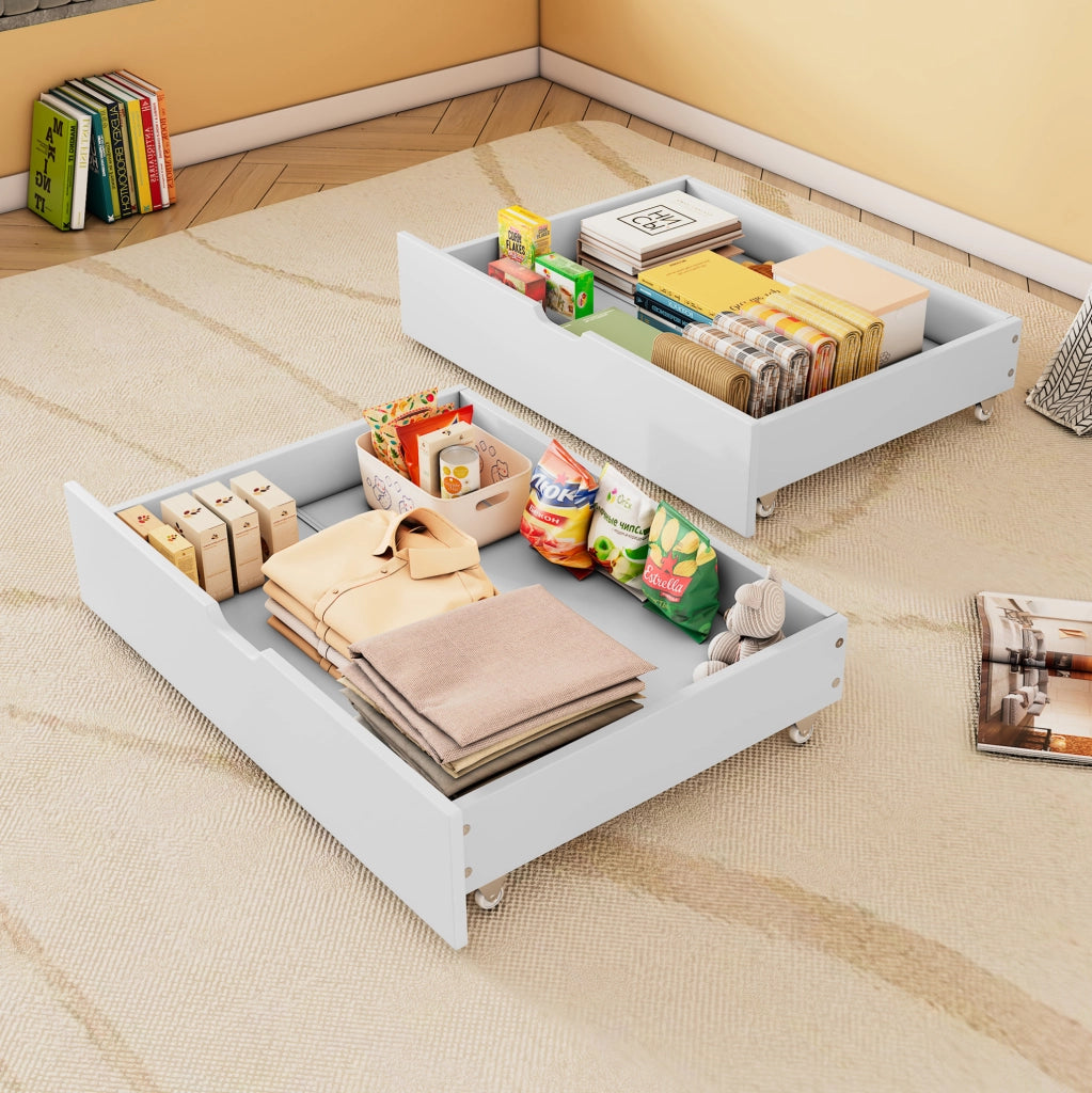 Cassetti contenitore con ruote in MDF bianco; set da 2