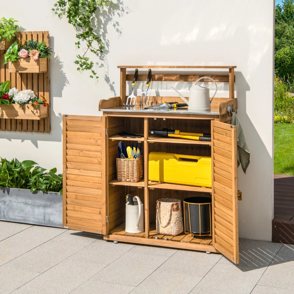 Armadio di stoccaggio in legno con piano di lavoro in metallo zincato ripiani rimovibili, Tavolo da lavoro con ante Naturale-Casette da giardino