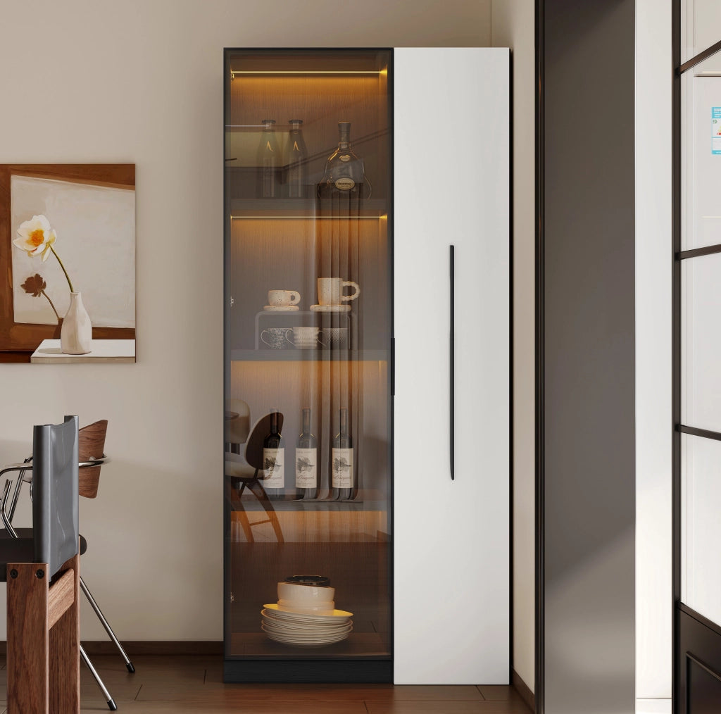 Vetrina 70x40x160 cm con illuminazione LED e ripiano laterale in MDF nero e bianco