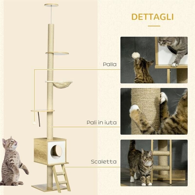 ALBERO PER GATTI IN TRUCIOLATO AD ALTEZZA REGOLABILE CON TIRAGRAFFI, CASETTA, AMACA E PALLINA, 40X40X225-285 CM