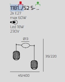 SOSPENSIONE CROMO 2 LUCI SPOSTABILE VETRI AM + VE 1181CR-S2 S-MC