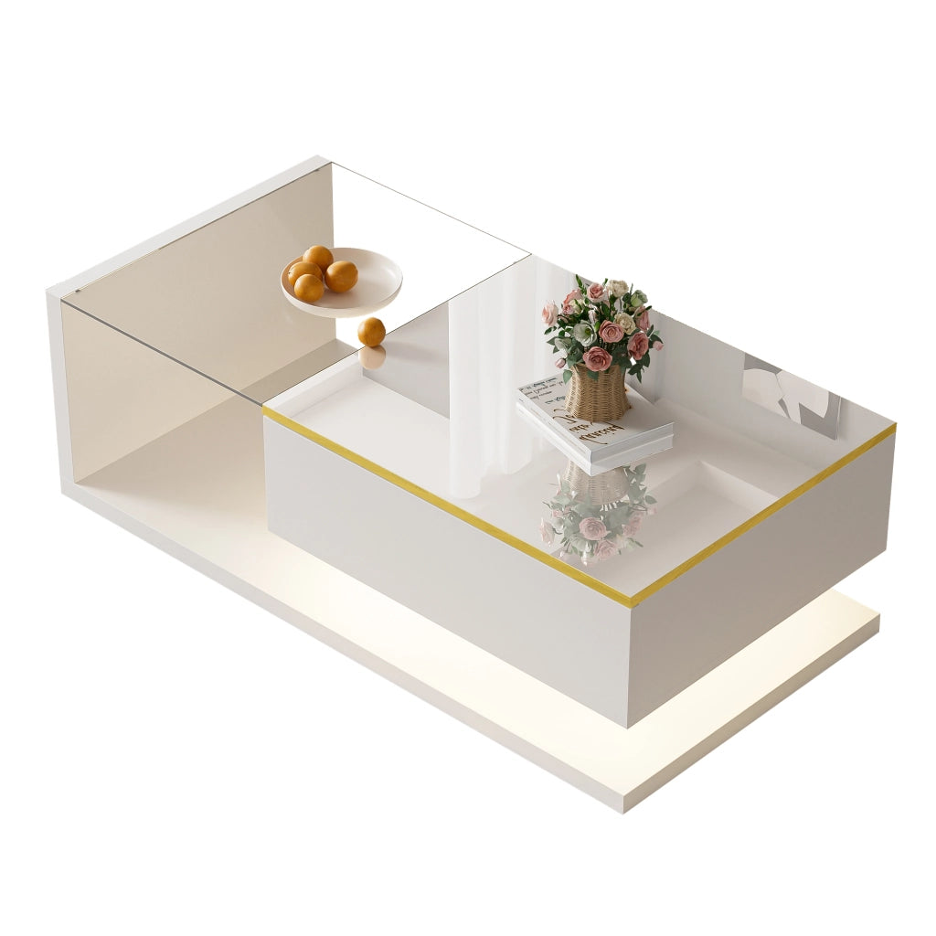 Tavolino da salotto 100 cm - Zephmum - Bianco lucido con vetro ed effetto LED