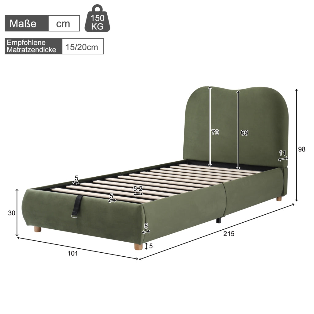 Letto imbottito per bambini con contenitore, rete a doghe, velluto verde
