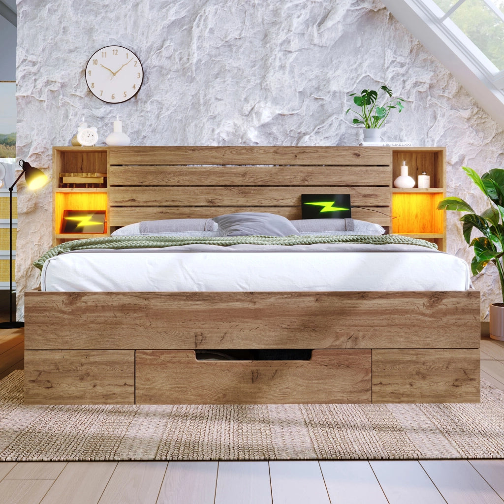 LETTO contenitore 180x200 cm con LED, USB e cassetti Rovere