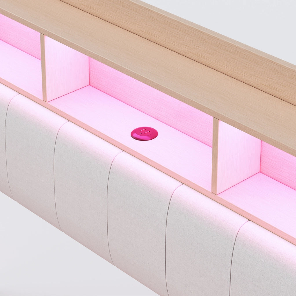 Letto imbottito 140x200 con LED, USB-C, contenitore testata beige