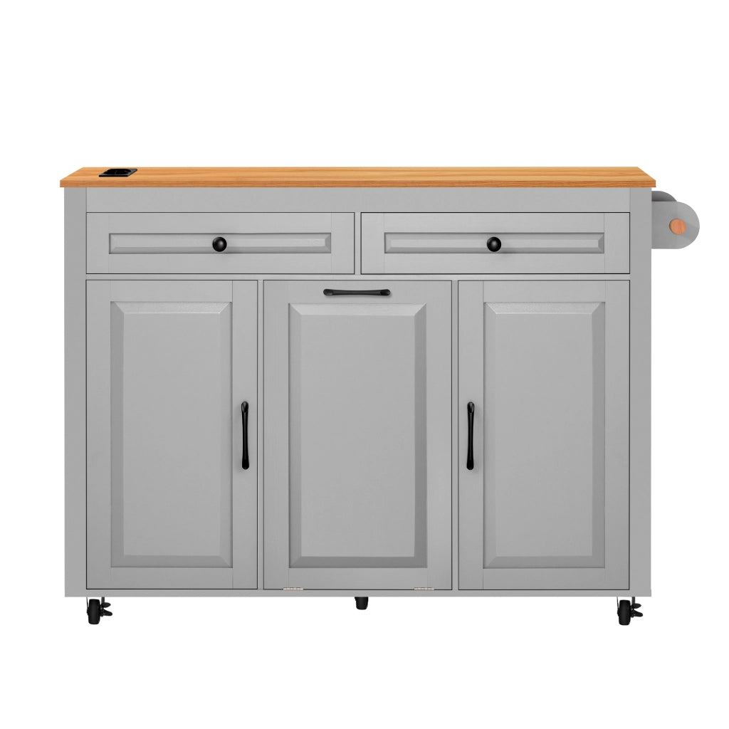 Isola Cucina Mobile con Ruote e Piano Estensibile 120×40-75 cm; Vano Porta Rifiuti; Prese AC/USB-C e Spazio Contenitore Grigio