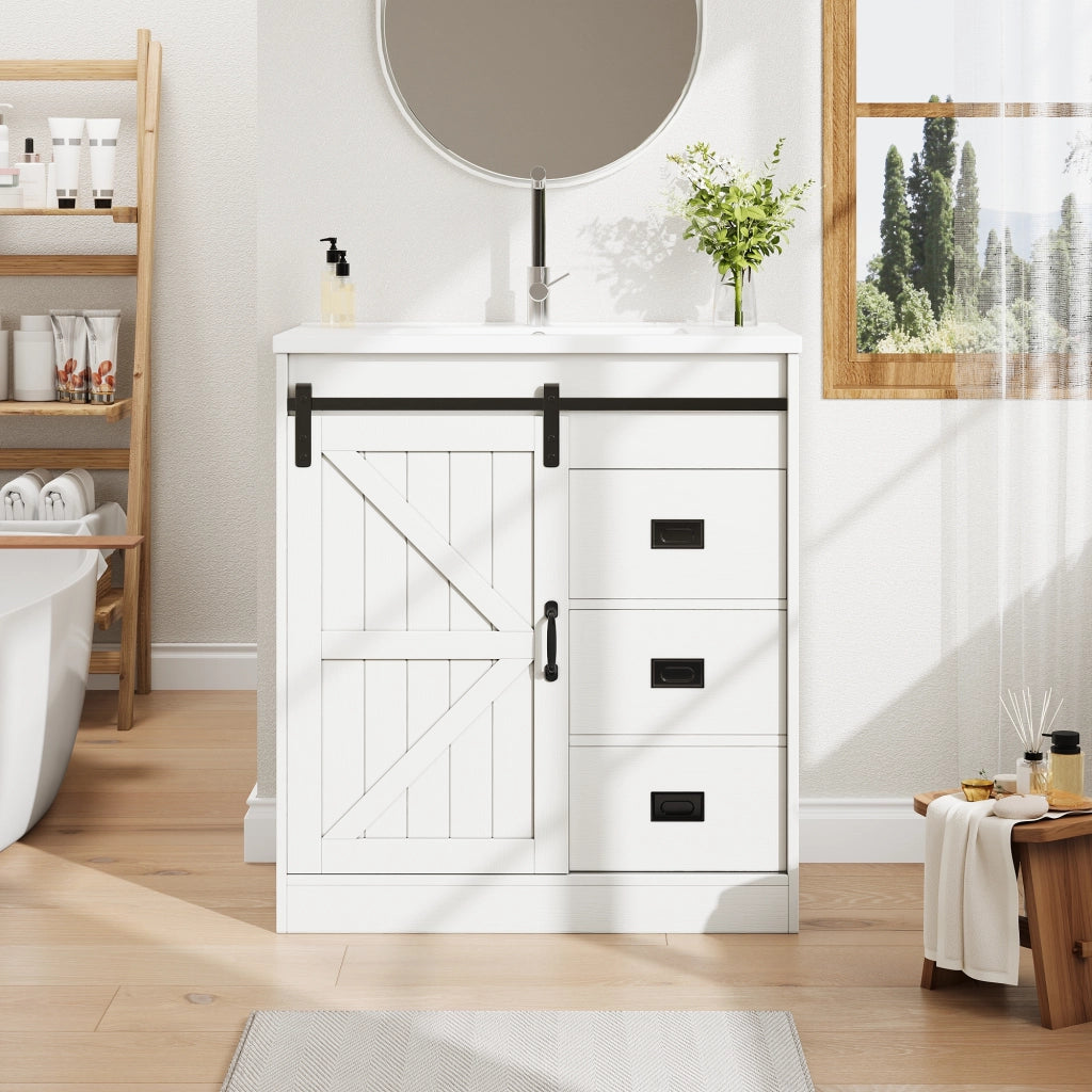 Mobile bagno con lavabo in ceramica; ante e cassetti; in MDF e metallo; per bagno; bianco 76×46.5×87.5 cm