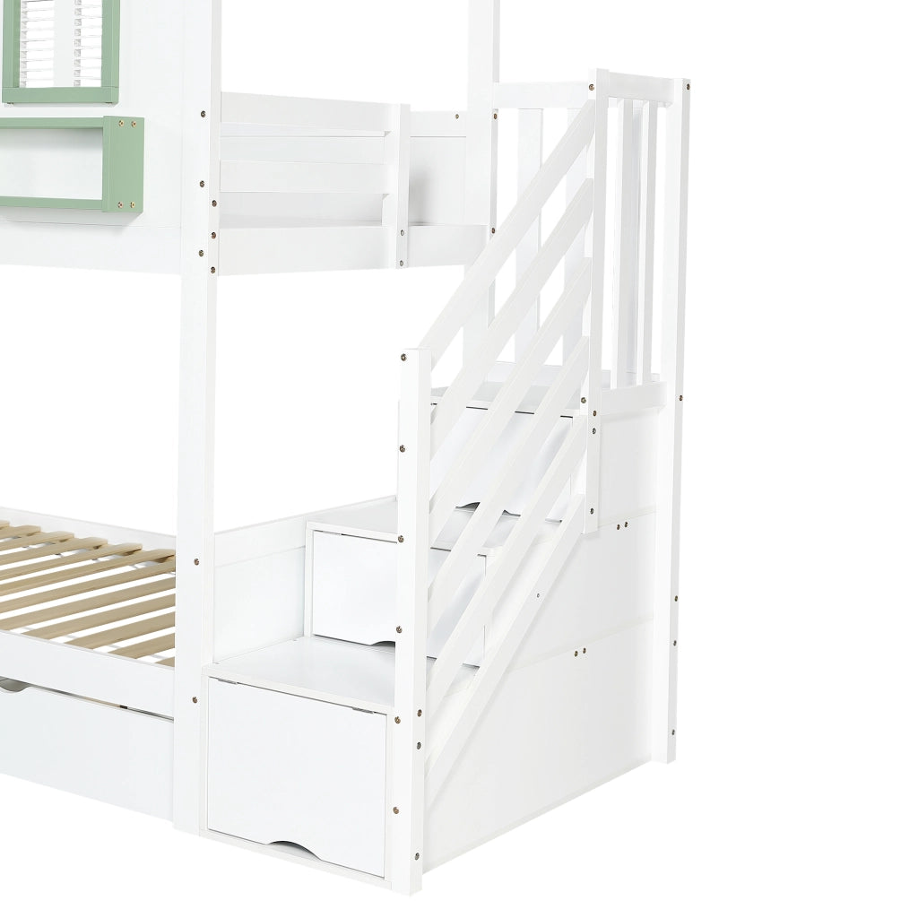 DESMIU Letto a castello bambino 90 × 200 cm con scala contenitore, 2 cassetti, senza materasso, in legno, bianco e verde