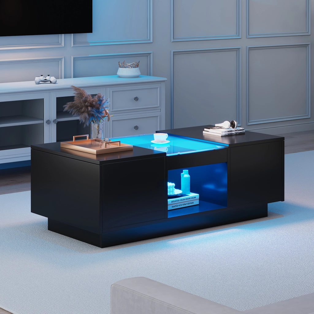 Tavolino da salotto nero con vetro e LED - Zephmum- 100x50x35,5 cm controllo app, 2 cassetti