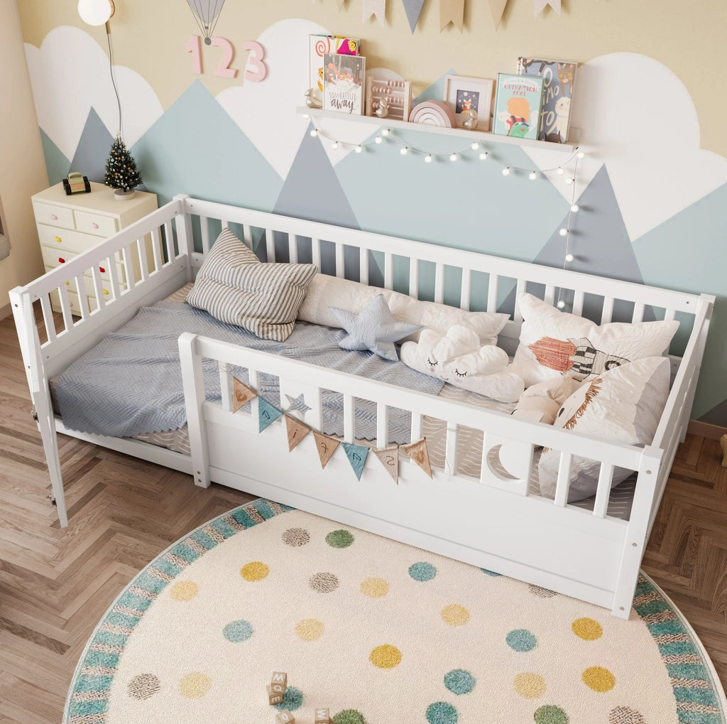 Letto per bambini 90x190 cm con sponde di sicurezza e decoro stelle e luna