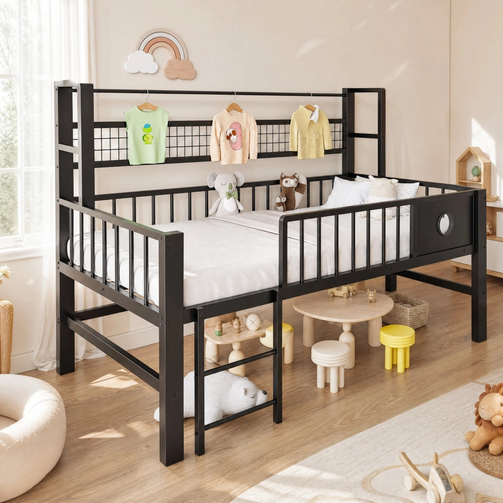 Letto a soppalco basso 90x200 cm in metallo nero con sponde di sicurezza e spazio contenitivo