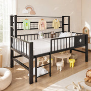 Letto a soppalco basso 90x200 cm in metallo nero con sponde di sicurezza e spazio contenitivo