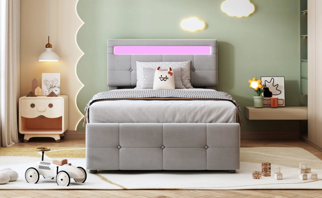 DESMIU Letto contenitore 90 × 200 cm 1 posto con LED, vano idraulico, testiera regolabile, senza materasso, in velluto, grigio