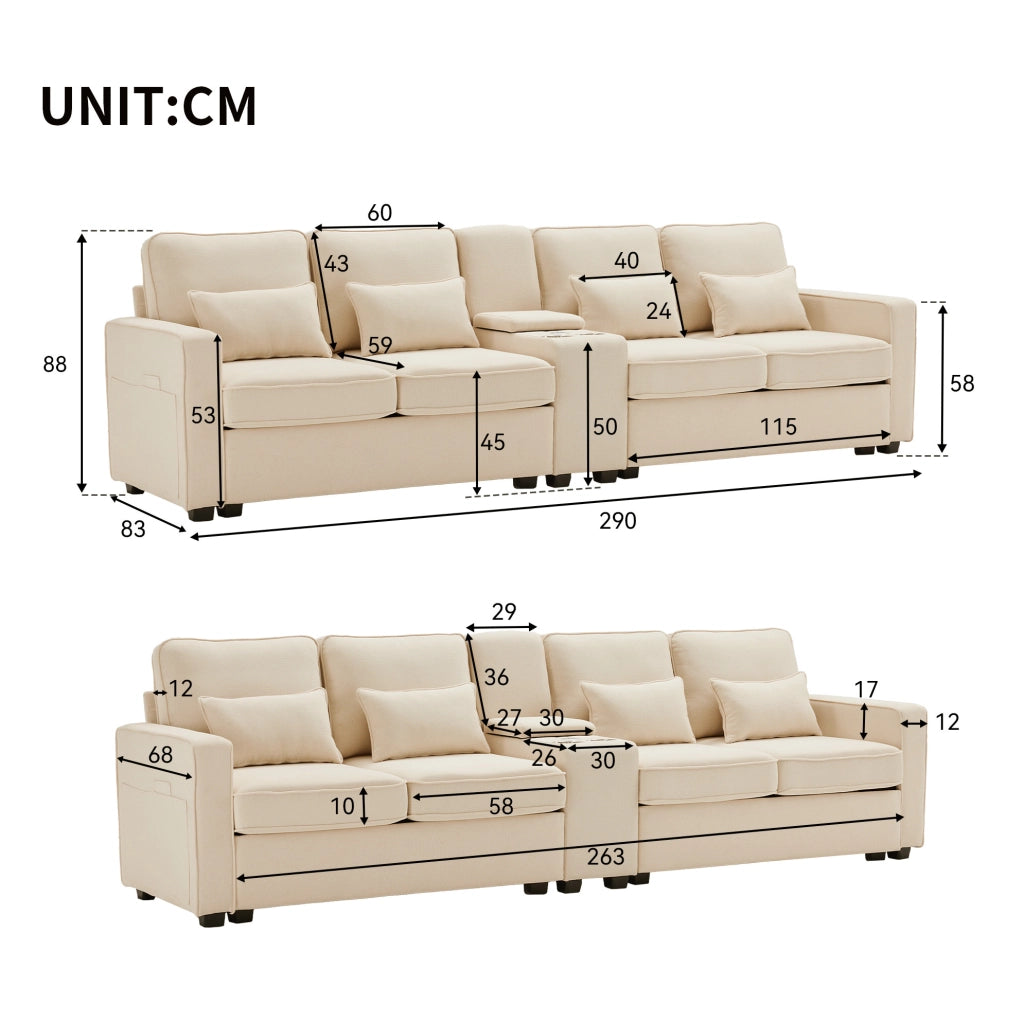 Divano 4 posti 290x83x88 cm con porta USB; 2 portabicchieri e tasche laterali in tessuto lino beige