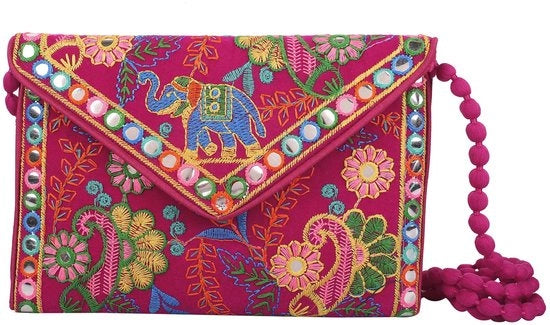Borse Clutch Artigianali Rajasthani per Donna con Motivi Jaipuri, con Cinturino e Decorazione a Maglia, Ideali per Matrimonio e Feste, in Rosa.