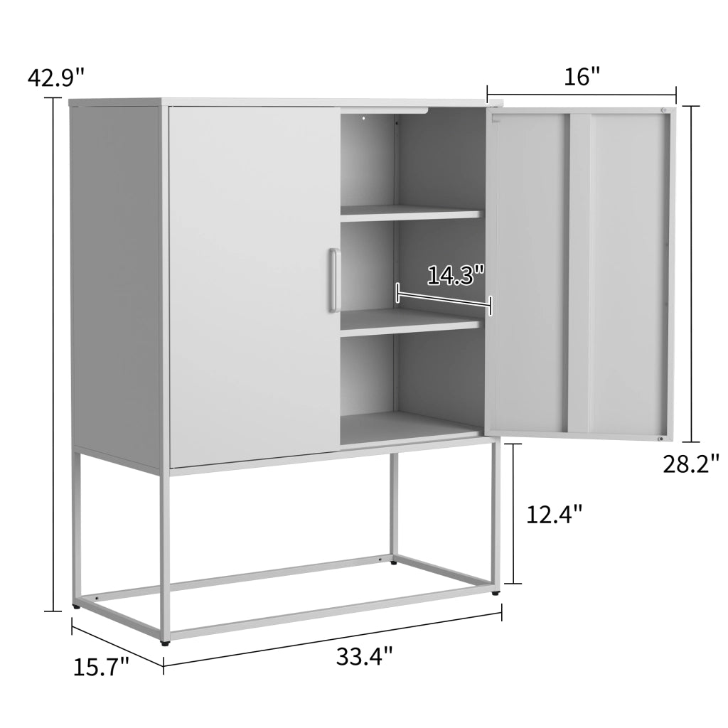 Credenza/mobile contenitore in metallo con 2 ripiani, mobile in acciaio autoportante, ante magnetiche, dispositivo antiribaltamento, adatto per soggio