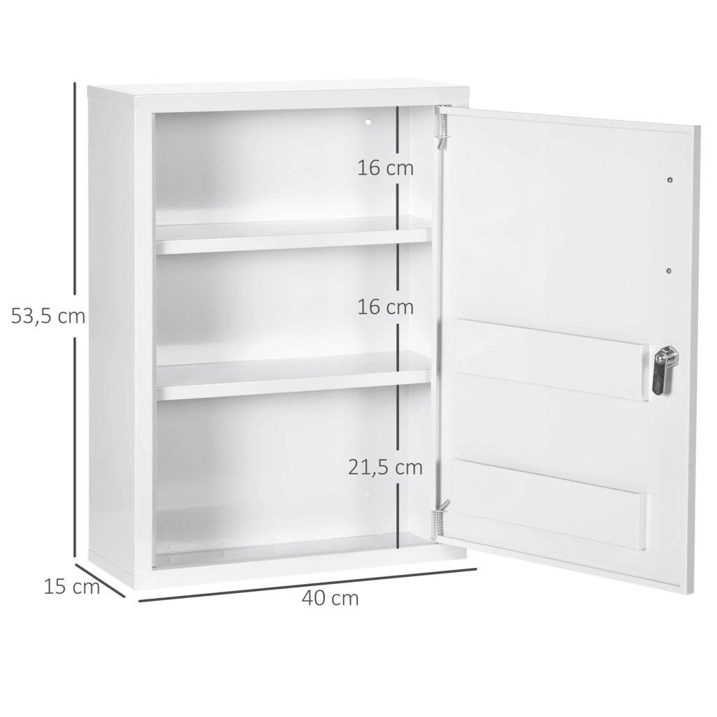 Armadietto da farmacia a muro con serratura e 2 chiavi, in acciaio bianco, 40x15x53,5 cm, per bagno e cucina.