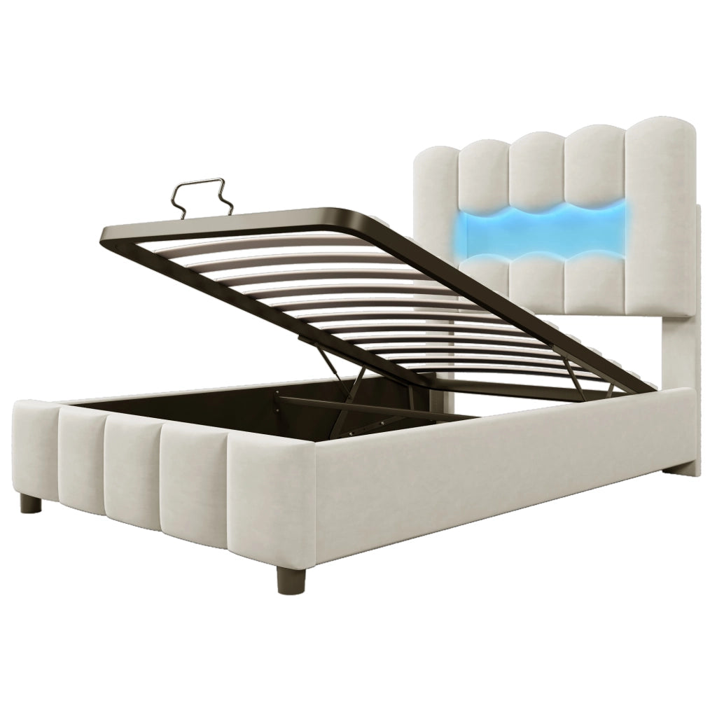 Letto Imbottito Singolo con LED e Contenitore ¨C MINIMAL ¨C Velluto Beige 90x200