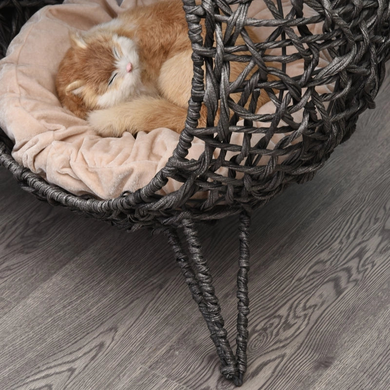 Casetta per gatti in rattan con cuscino, cuccia, grotta per gatti con piedini rialzati, grigio argento, ?52 x 58 cm