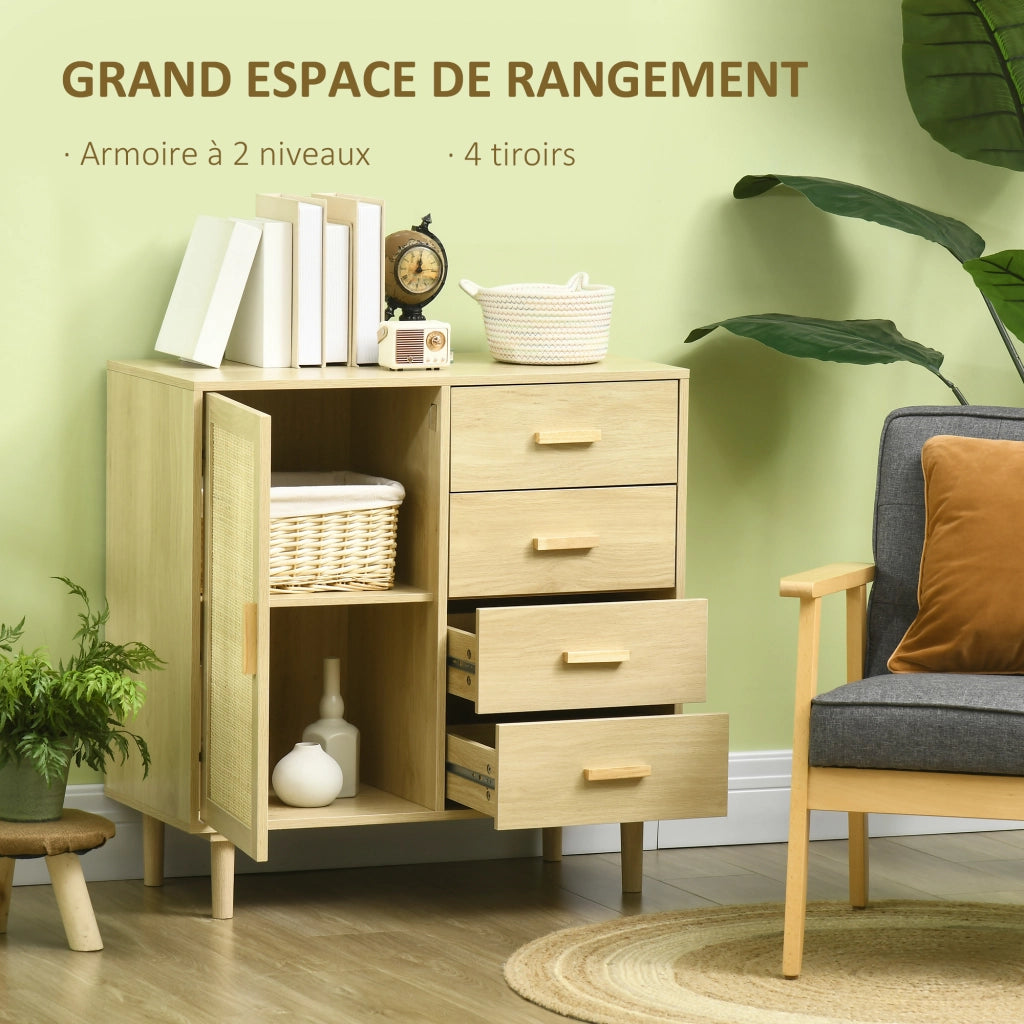 Buffet in rattan con ante e 4 cassetti ¨C Zephmum ¨C Effetto legno naturale 80x38x80.5 cm