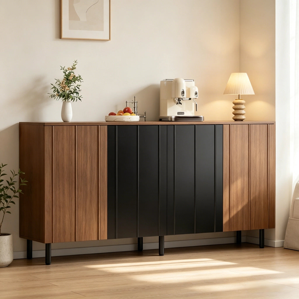 BUFFET 160x35x80 cm in Truciolato Noce e Nero con 4 Ante