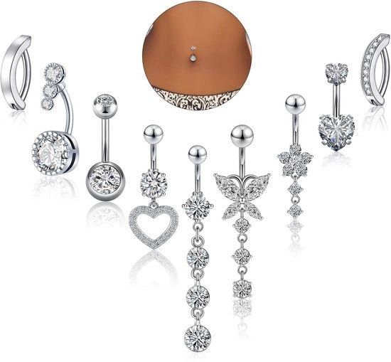 Set di piercing per navela 9 pezzi - Acciaio inossidabile - Anelli per navela corti/lunghe - Disegni heart/vlinder/bloem - Facile da inserire/estirpare - Ottimo comfort di portata - Piercing per navela