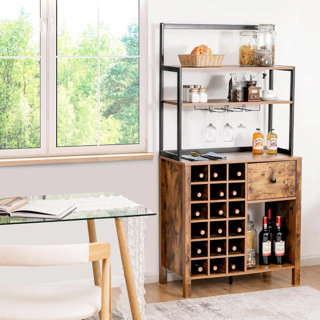 Mobile da cucina autoportante con portabottiglie e cassetto, Scaffale per pasticceria con portabicchieri Marrone