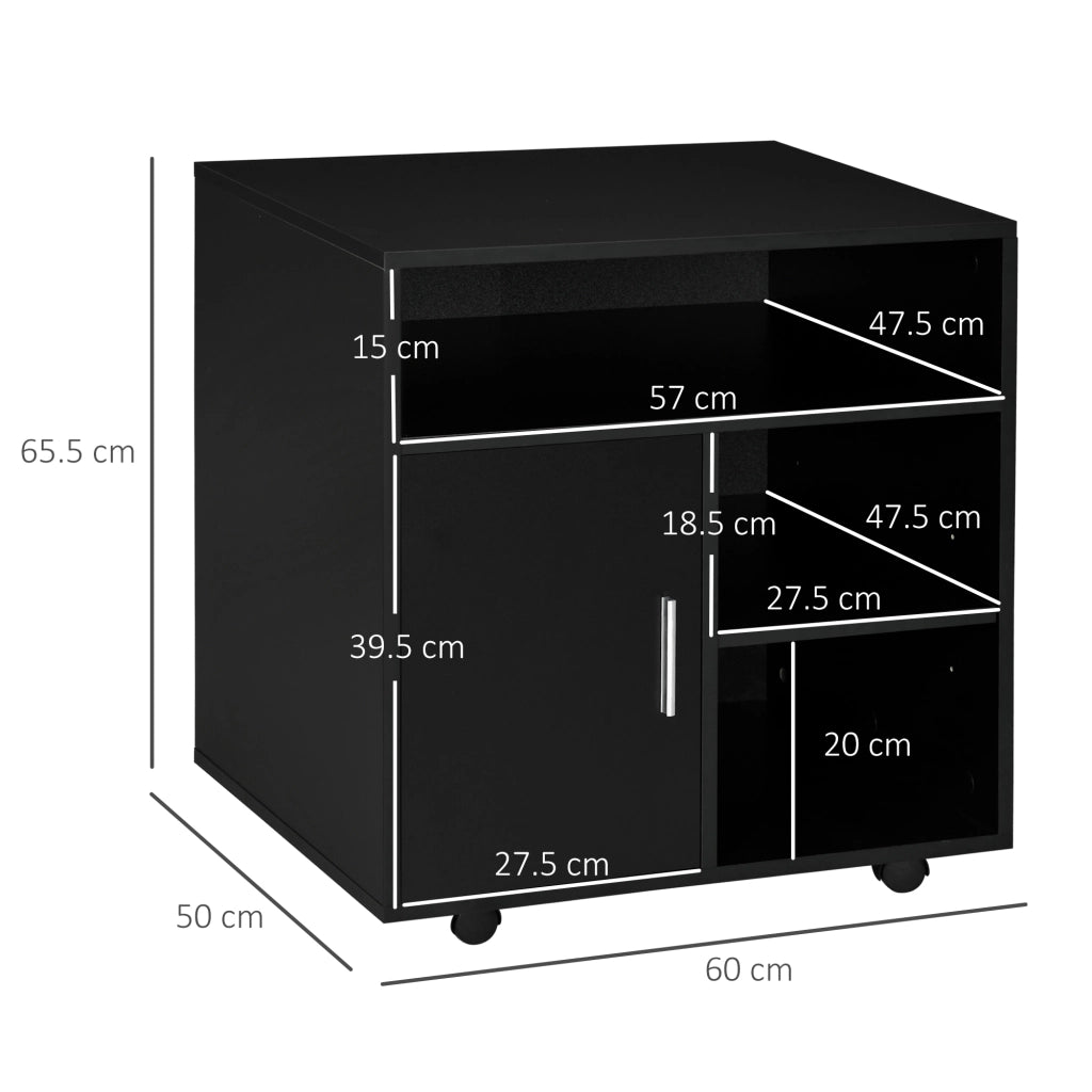 Mobile Porta Stampante a Rotelle con Armadietto e 3 Ripiani Aperti, in Legno, 60x50x65.5 cm, Nero