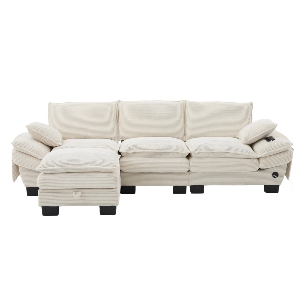 Divano modulare a 3 posti in corduroy con 1 pouf, USB-C, tasche laterali, beige