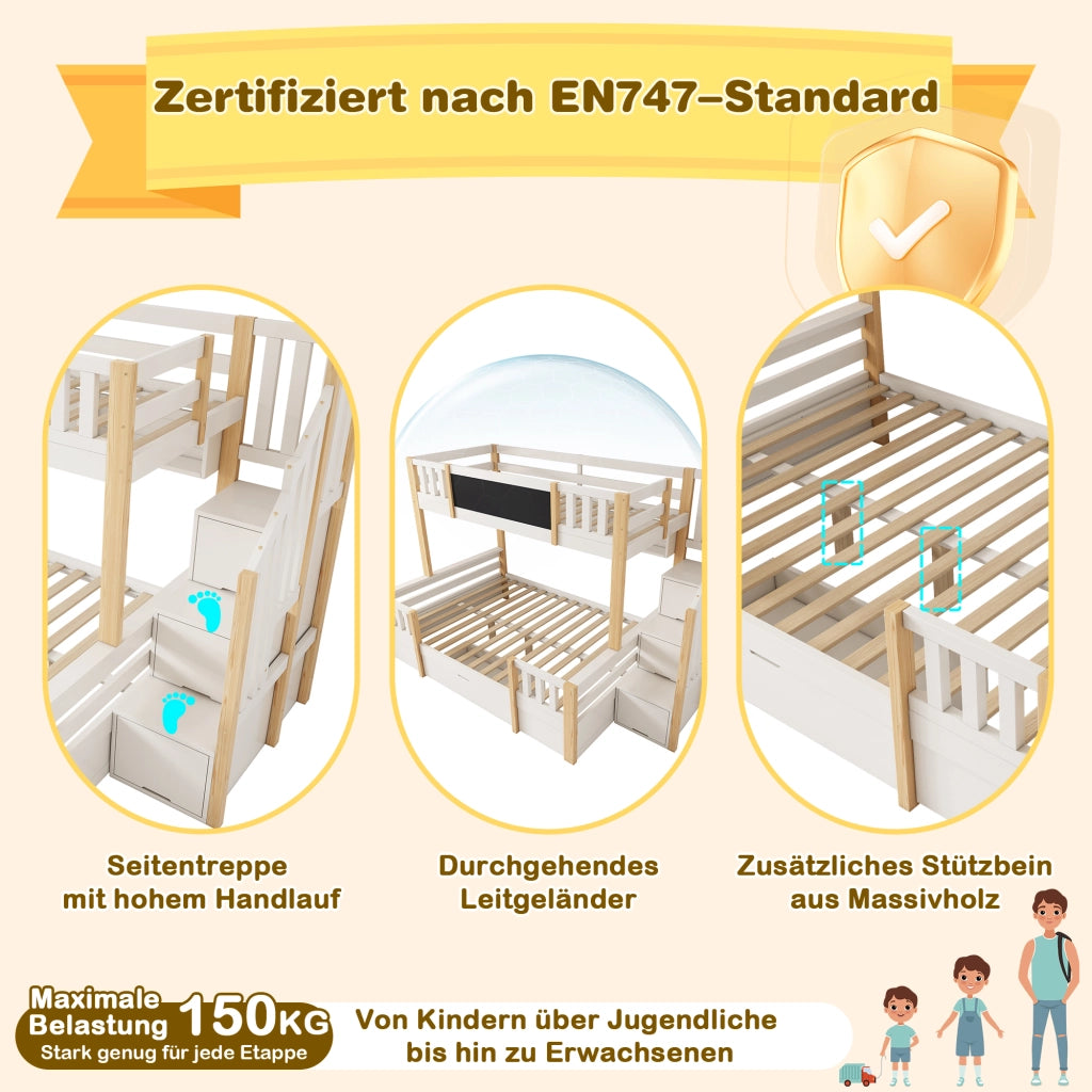 DESMIU Letto a castello per bambini 90 × 200 e 140 × 200 cm con lavagna, vano contenitore, senza materasso, in legno, bianco