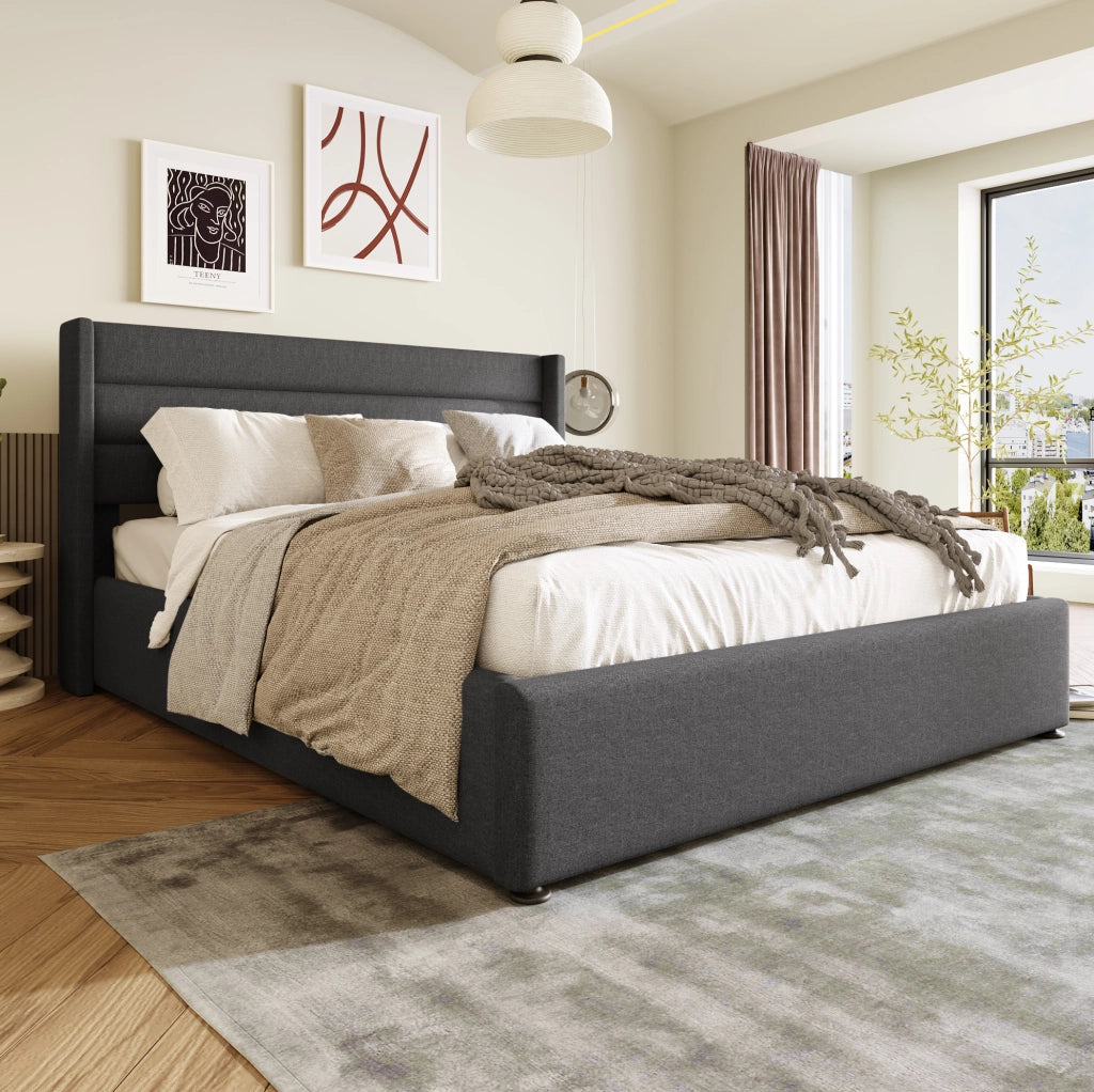 Letto imbottito 140x200 con contenitore, rete sollevabile e design moderno