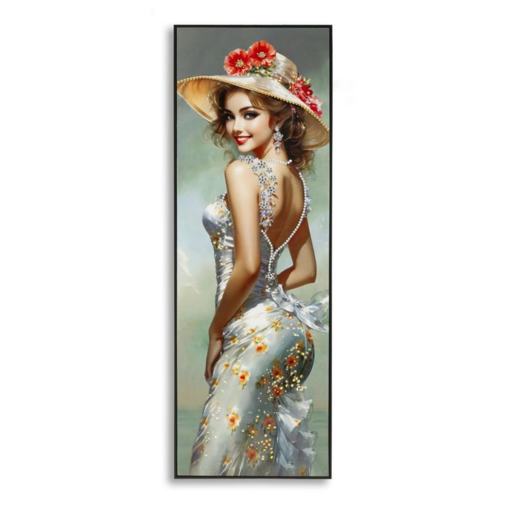 Dipinto su tela Elegant B dama con cappello e papaveri, 52x152 cm