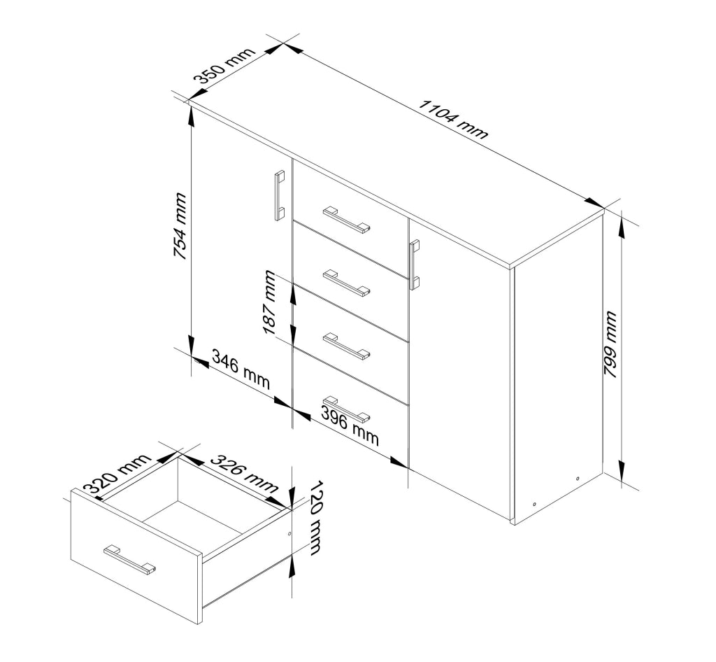 Cassettiera AKORD K45 Cassettiera Sonoma Quercia 110 cm 2 ante 4 cassetti inserto frontale Bianco 110x35x80 cm