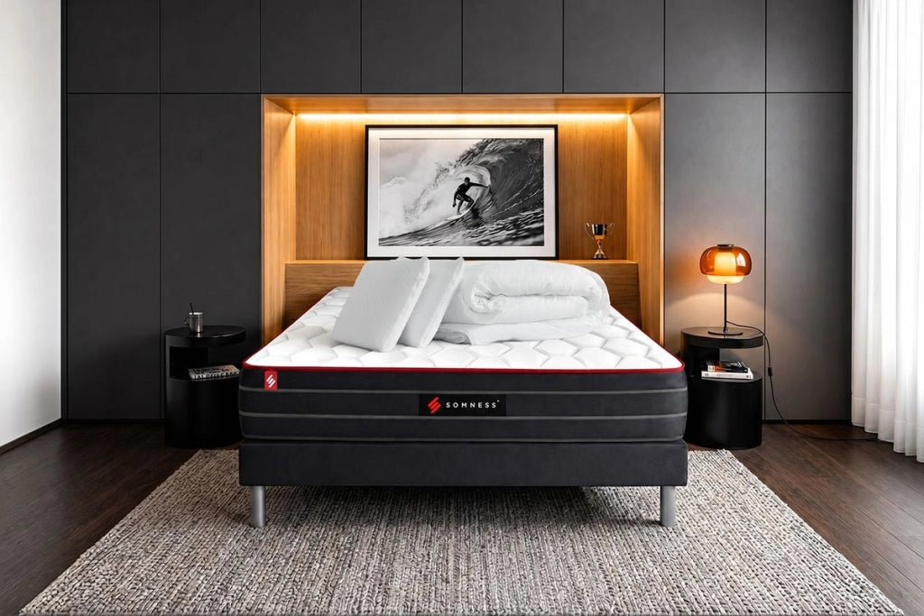 Pacchetto letto completo - Materasso 140x200cm + Box spring con doghe (kit) + 2 cuscini + Piumino - Boost