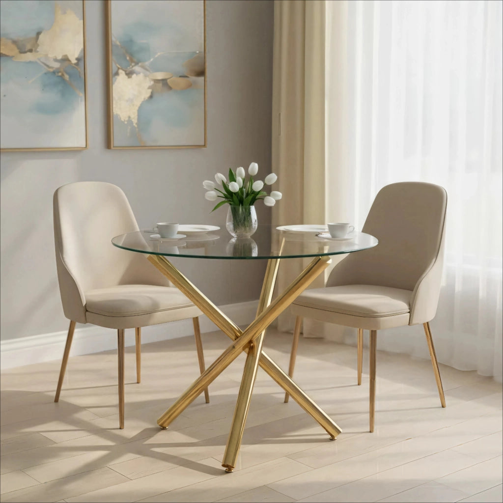 Tavolo da pranzo rotondo in vetro temperato gambe dorate 80x80x76 cm stile minimalista moderno