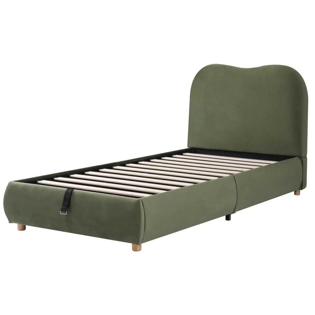 Letto imbottito per bambini con contenitore, rete a doghe, velluto verde