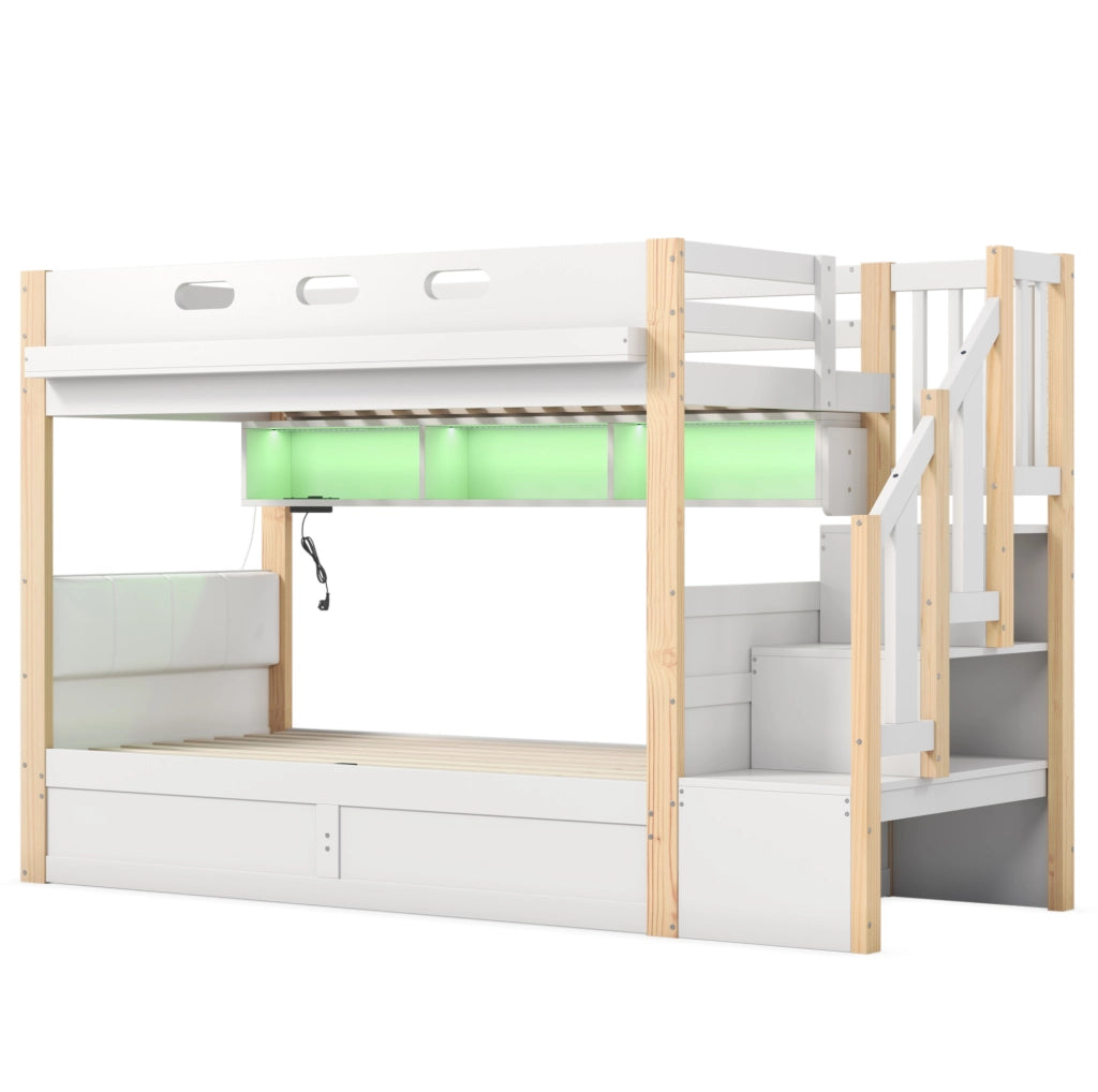 Letto a castello con contenitore idraulico, scala contenitiva e LED