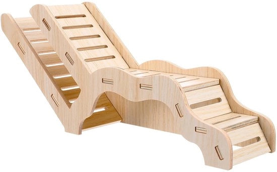 Casa per Hamster in Legno - Casa per Hamster con Scala a Sostegno - Tunnello di Esplorazione - Sostenibile - Sicuro per Masticare - Dimensioni 32 x 13 x 7 cm