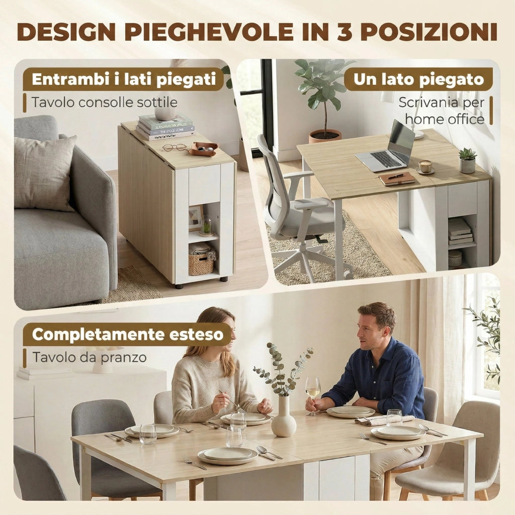 Tavolo Pieghevole per 6 Persone con Cassetti e Ripiani ¨C Minimal ¨C Legno