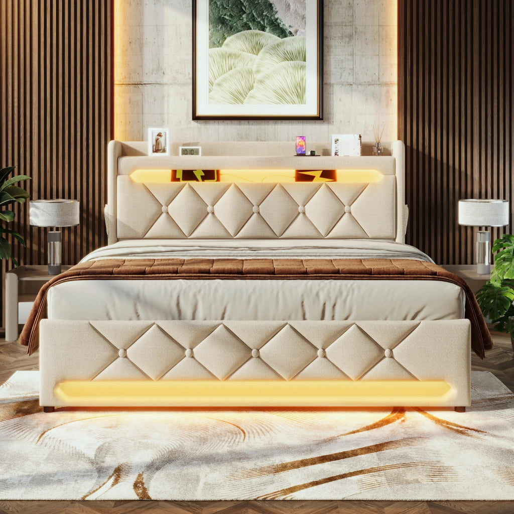 letto imbottito lino beige 140 x 190 cm