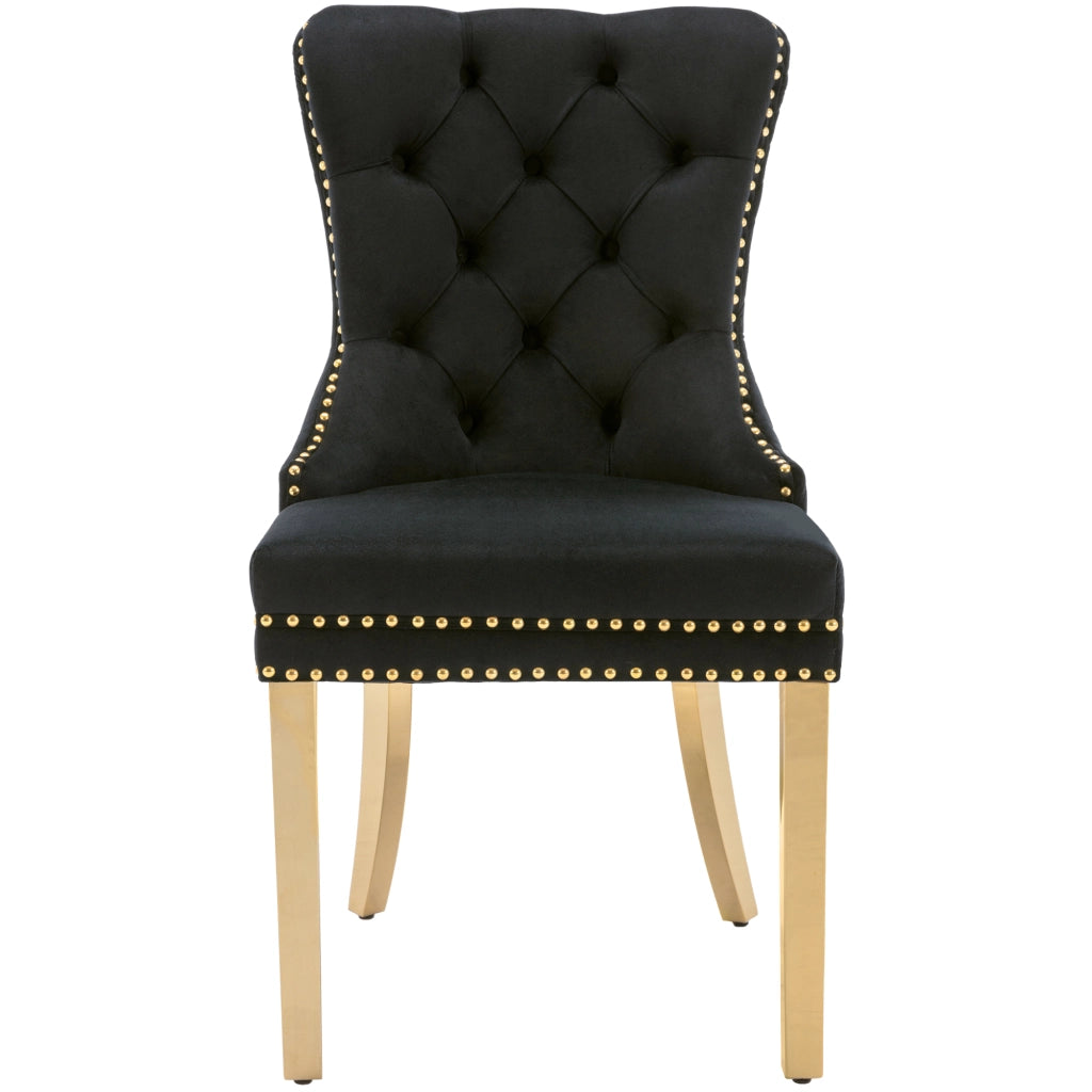 Sedia da pranzo con rivestimento in velluto - Zephmum- Schienale rotondo con anelli, gambe in acciaio inossidabile dorato, nero/oro