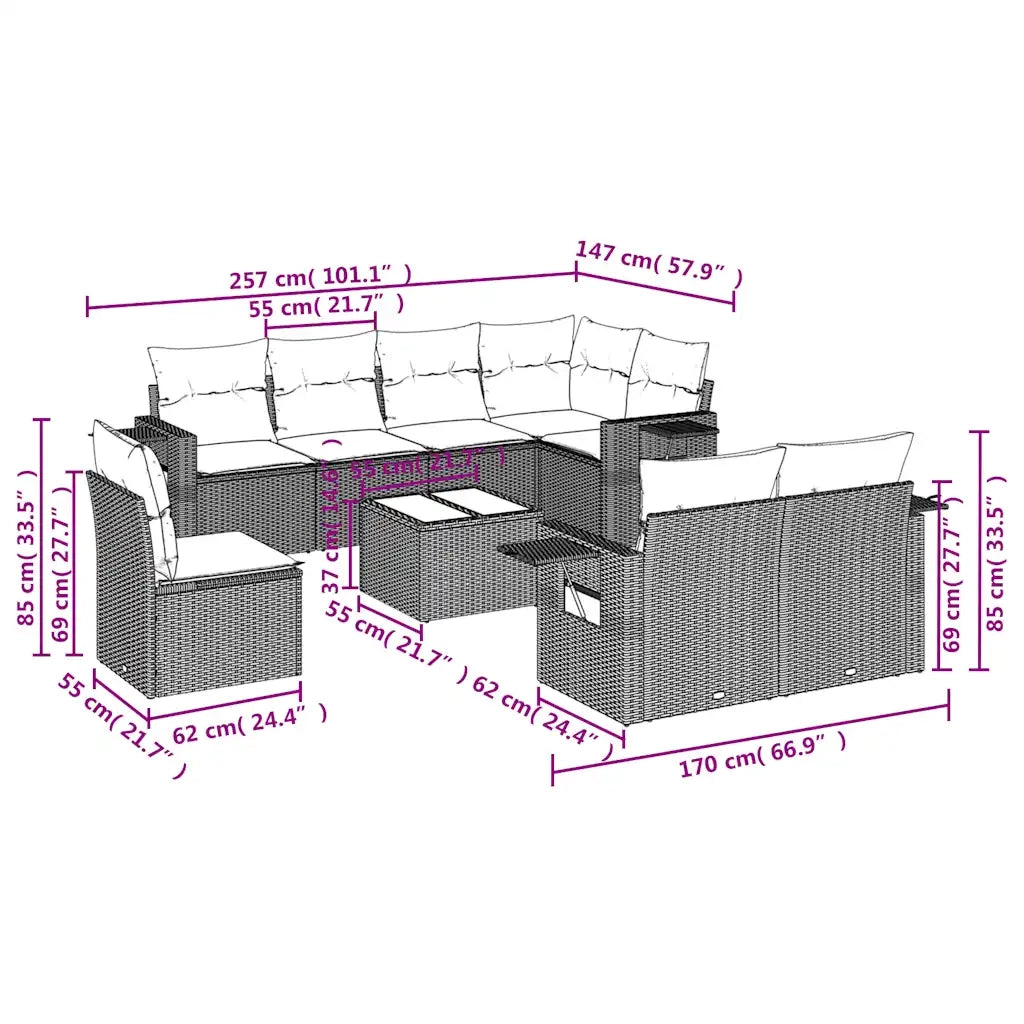 Set Divani da Giardino 9pz con Cuscini Marrone in Polyrattan 3220452