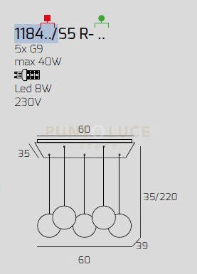 SOSPENSIONE BIANCO 5 LUCI RETTANGOLARE VETRI 2X TR + 3X AM 1184BI-S5 R-TA