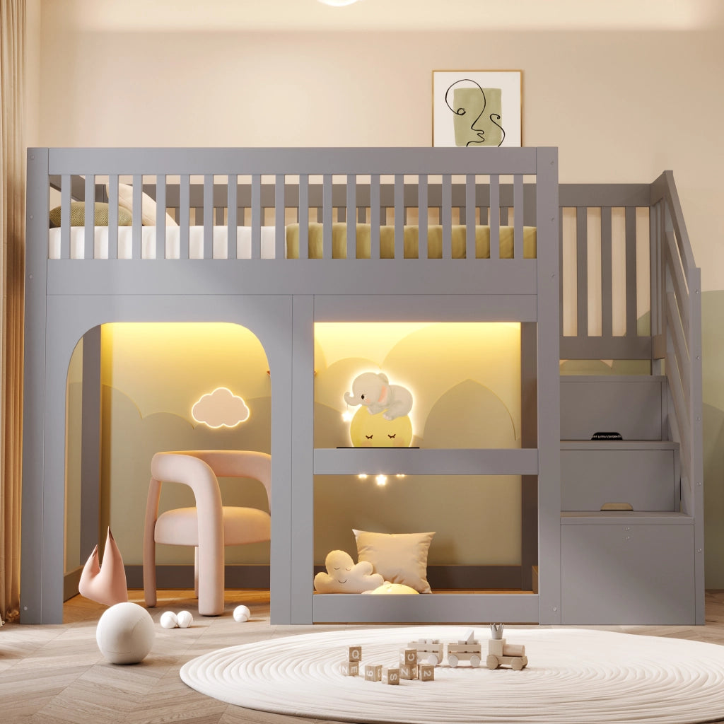 Letto a soppalco per bambini 90x200 cm con design a casetta; scala contenitore; spazio aperto sottoletto e LED; grigio